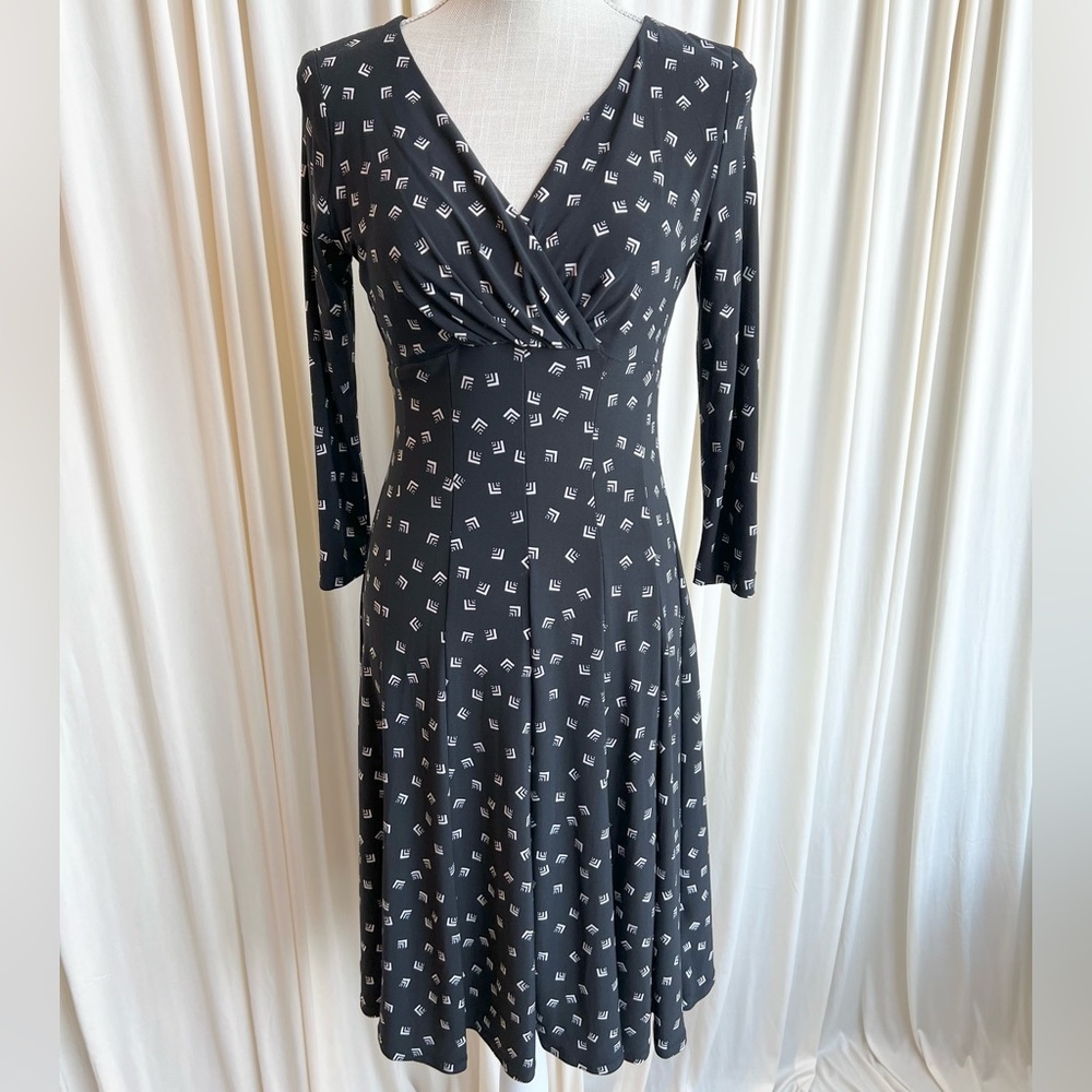 Ralph Lauren Black Stretch Geometric Pattern Midi Dress - Small
